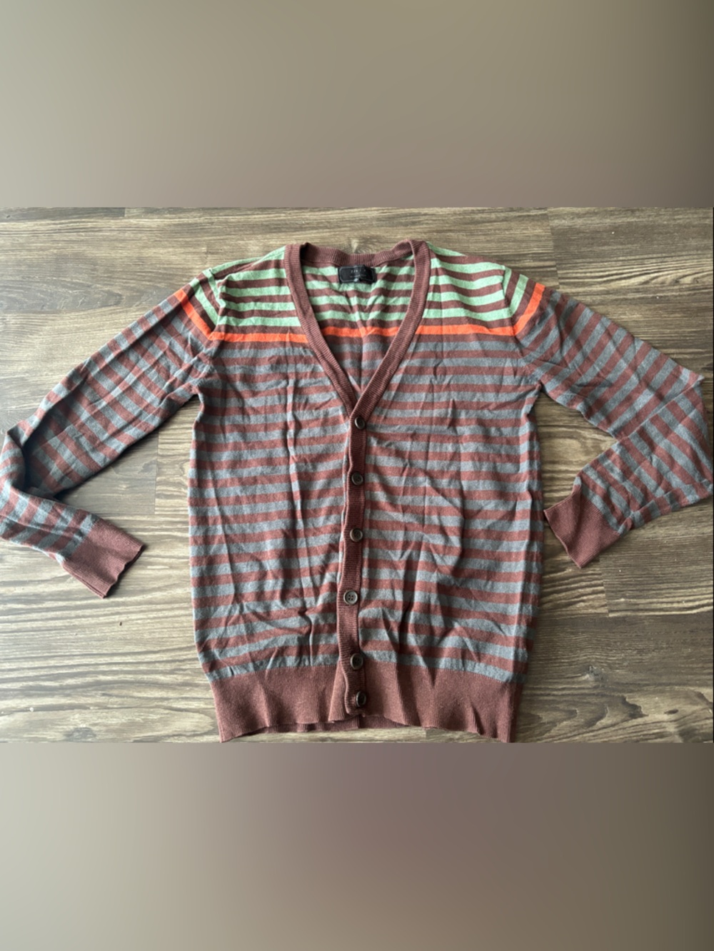 21 Men's Striped V-Neck Cardigan - Green, Brown & Gray